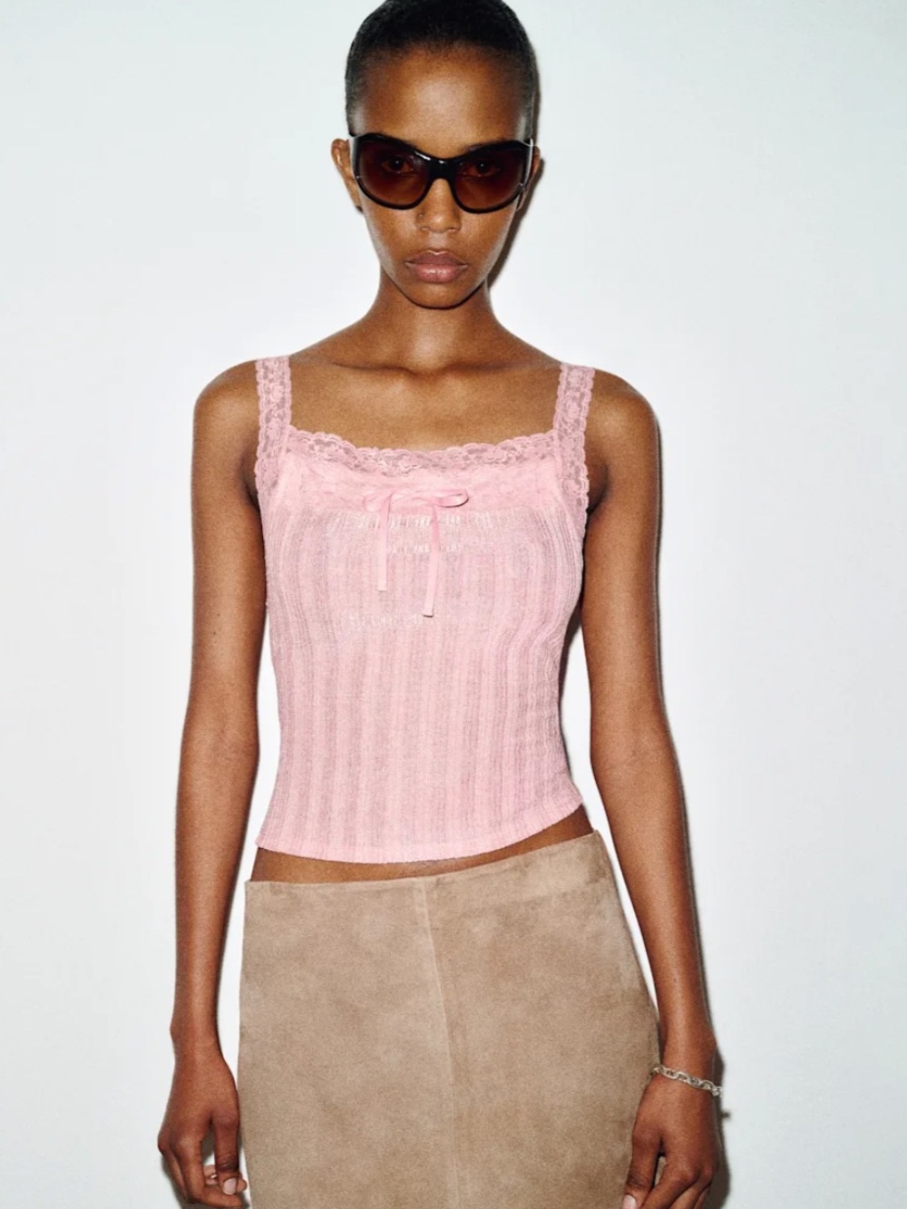 Reformation Arietta Knit Top Pink Ribbed Lace-Trim Camisole Tank